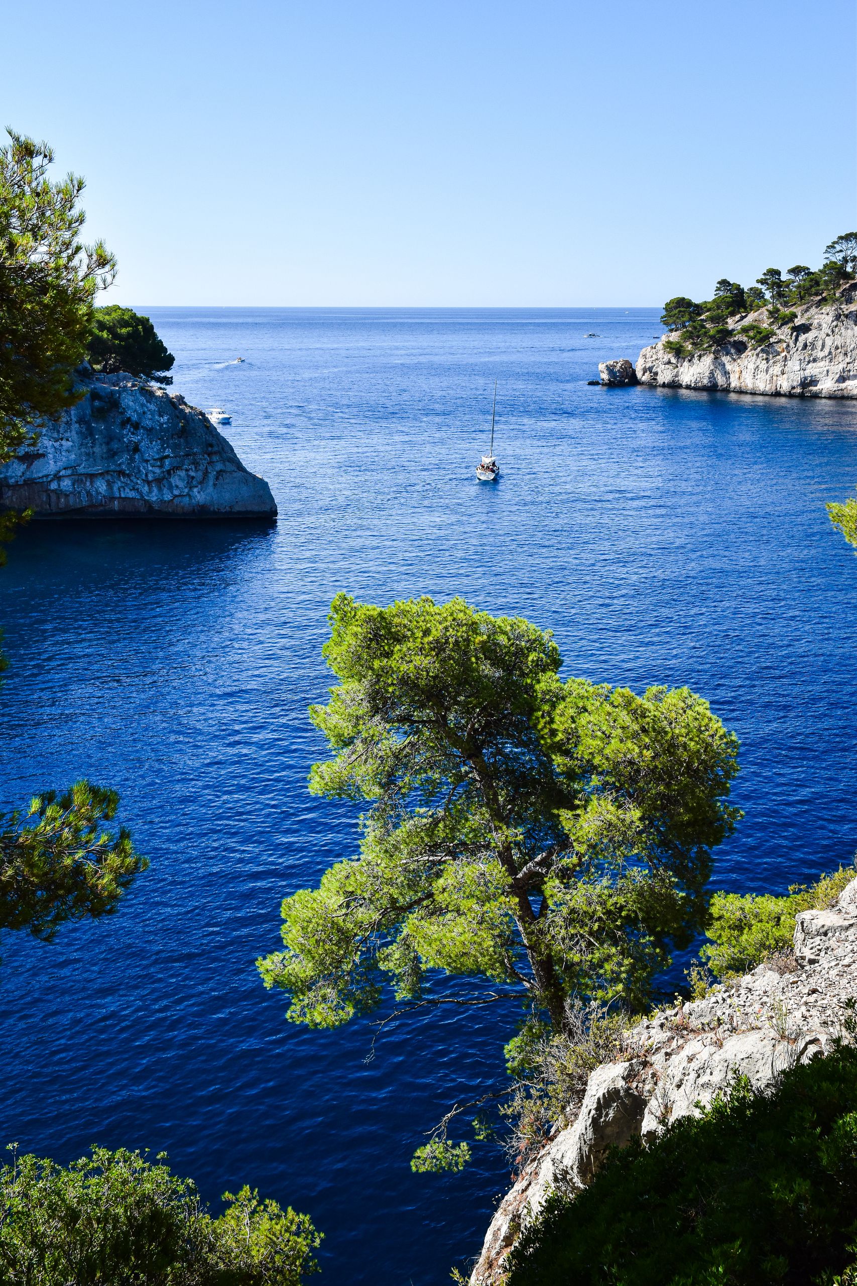 A stunning view of calanques in Provence-Alpes-Côte d'Azur, France with a sailboat on a sunny day.